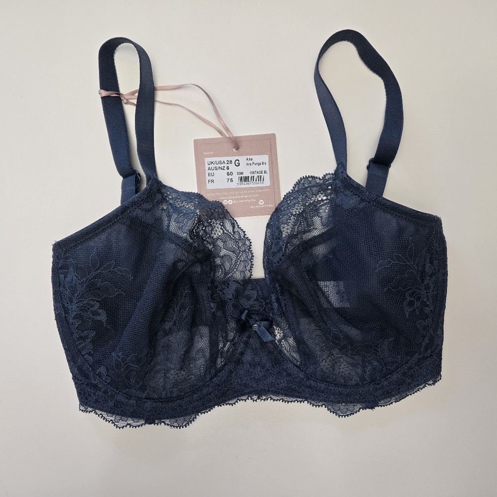 NWT 28G Panache Ana Plunge Unlined Lace Dark Blue Bra